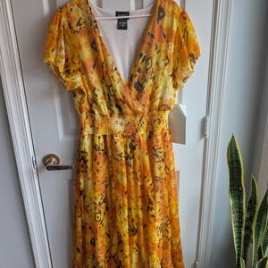 Ashro Yellow and Orange V-Neck Puff Sleeve Sundress